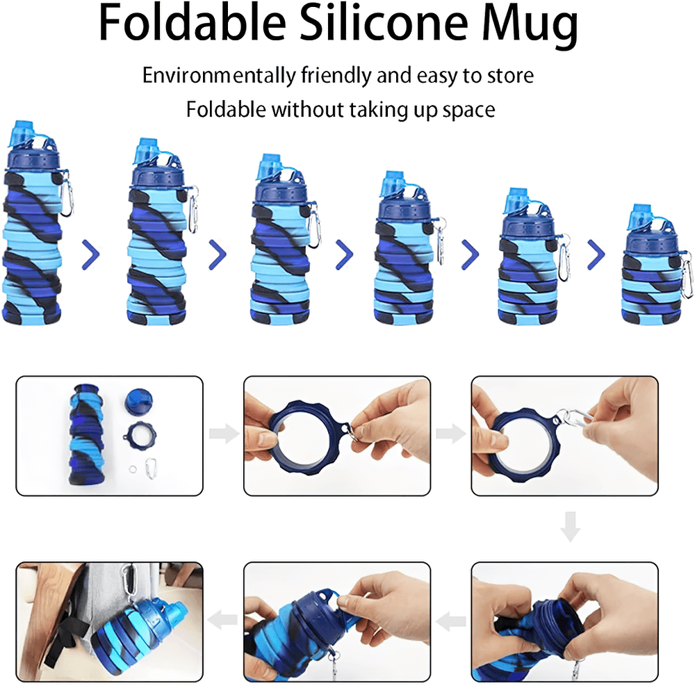 Reusable Collapsible Bottle with Carabiner - SF3489 being folded and unfolded